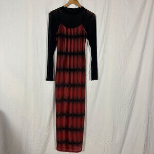 Akira Red & Black Mesh Long-Sleeve Layered Dress Grunge Baddie Punk Rocker Alter